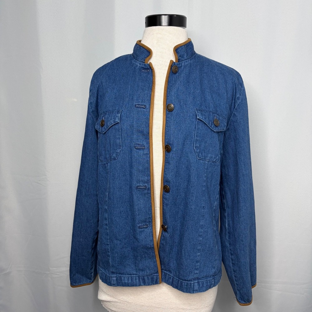 Talbots Womens Blue Denim Contrast Trim‎ Mandarin Collar Chore Jacket Size M